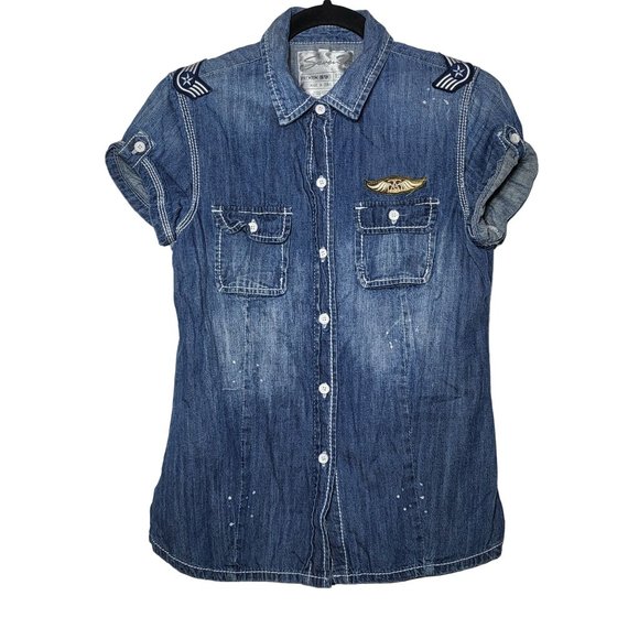 Seven7 Women's Denim Button-Down Paint Splatter Shirt with Patches Size Small - Picture 1 of 7